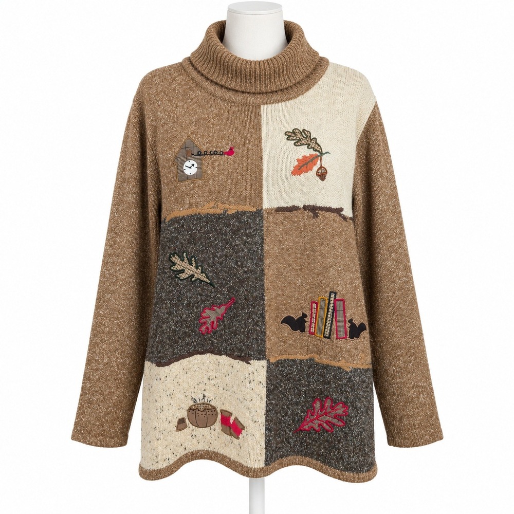 Vintage 90s Colorblock Fall Embroidery Turtleneck Sweater Sz L Brown Cottagecore